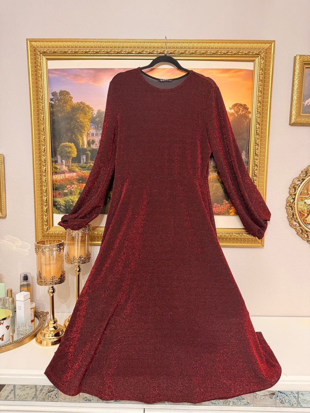 SHEIN Sparkling Wine Red Long Sleeve A-Line Dress